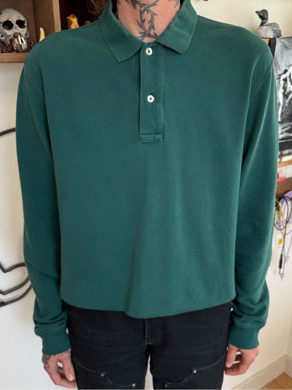 Vintage Y2K Lands' End Cropped Boxy Minimalist LS Knit Polo Green ~ Size Large